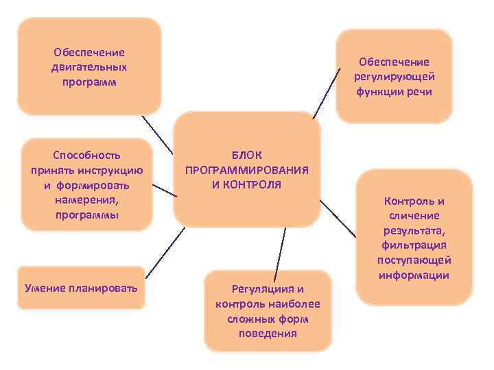 Обеспечение двигательных программ Способность принять инструкцию и формировать намерения, программы Умение планировать Обеспечение регулирующей