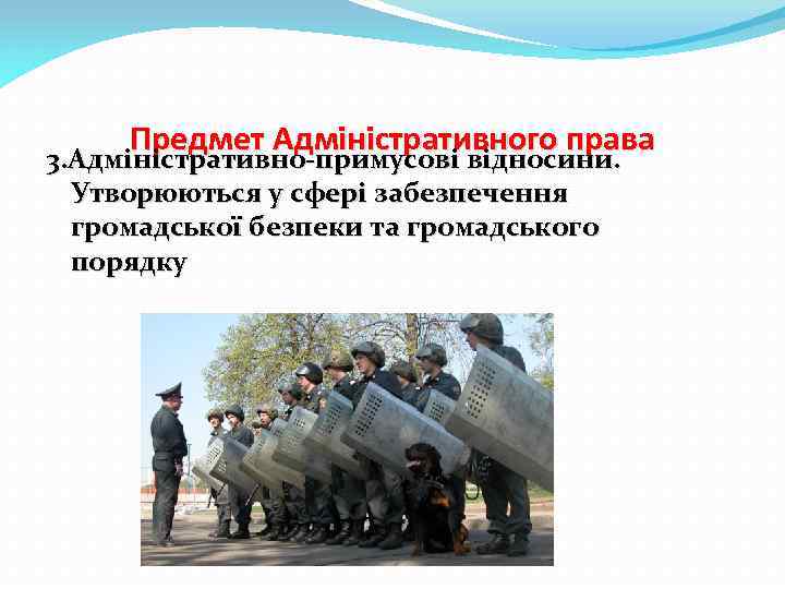 Предмет Адміністративного права 3. Адміністративно-примусові відносини. Утворюються у сфері забезпечення громадської безпеки та громадського