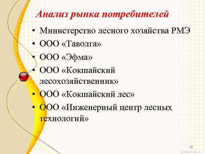 Анализ рынка потребителей • • Министерство лесного хозяйства РМЭ ООО «Таволга» ООО «Эфма» ООО