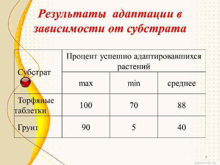 Результаты адаптации в зависимости от субстрата 7 