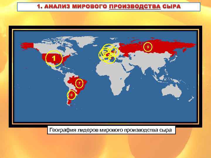 1. АНАЛИЗ МИРОВОГО ПРОИЗВОДСТВА СЫРА 52 34 1 9 6 7 8 География лидеров