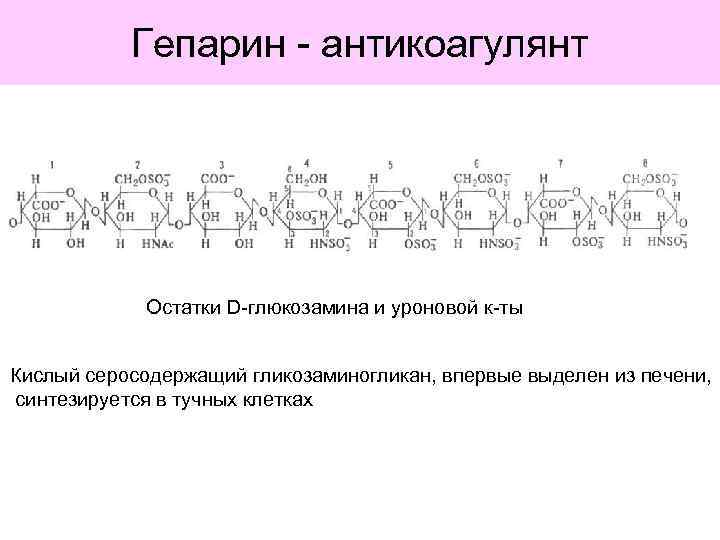 Гепарин - антикоагулянт Остатки D-глюкозамина и уроновой к-ты Кислый серосодержащий гликозаминогликан, впервые выделен из