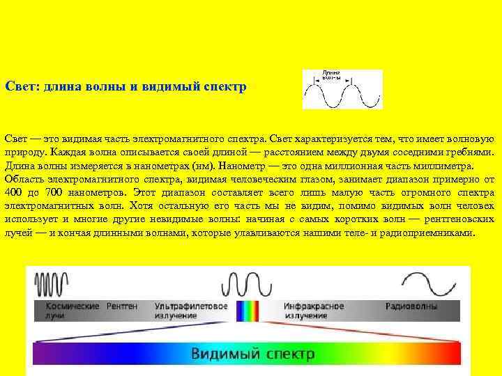 Свет: длина волны и видимый спектр Свет — это видимая часть электромагнитного спектра. Свет