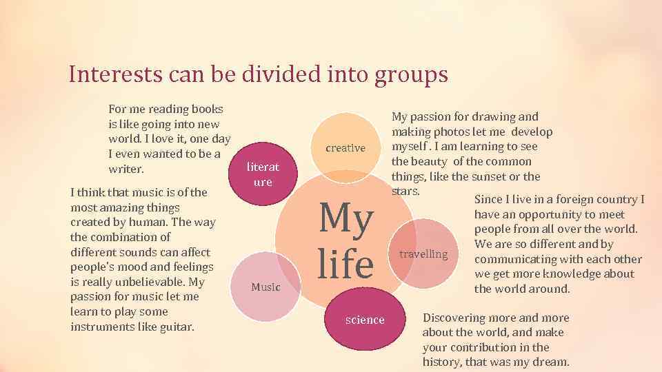 Interests can be divided into groups For me reading books is like going into