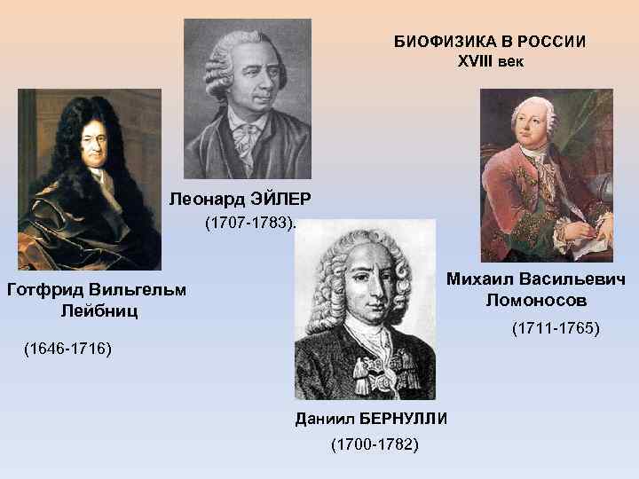 БИОФИЗИКА В РОССИИ XVIII век Леонард ЭЙЛЕР (1707 -1783). Михаил Васильевич Ломоносов Готфрид Вильгельм