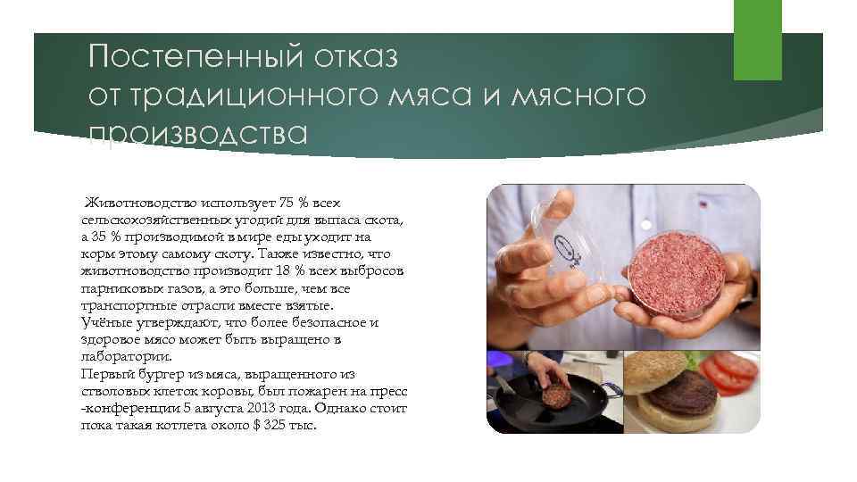 Постепенный отказ от традиционного мяса и мясного производства Животноводство использует 75 % всех сельскохозяйственных