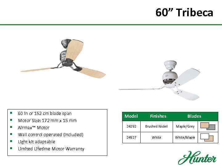 60” Tribeca § § § 60 in or 152 cm blade span Motor Size: