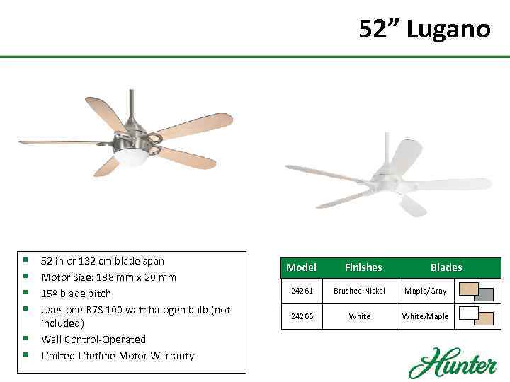 52” Lugano § § § 52 in or 132 cm blade span Motor Size: