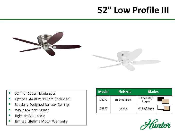 52” Low Profile III § § § 52 in or 132 cm blade span