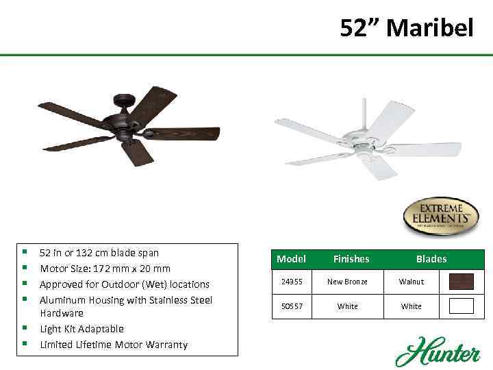 52” Maribel § § § 52 in or 132 cm blade span Motor Size: