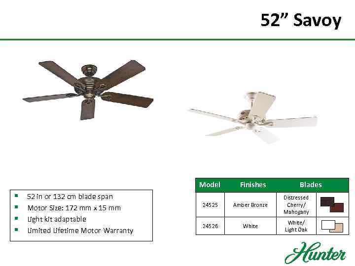 52” Savoy Model § § 52 in or 132 cm blade span Motor Size: