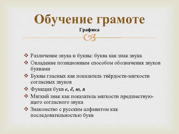 Обучение грамоте Графика v Различение звука и буквы: буква как знак звука v Овладение