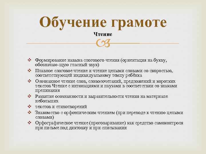 Обучение грамоте Чтение v Формирование навыка слогового чтения (ориентация на букву, обозначаю-щую гласный звук)