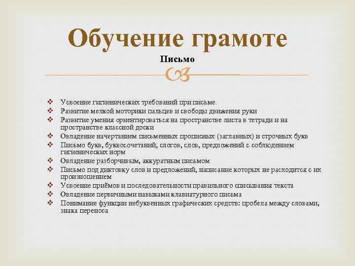 Обучение грамоте Письмо v Усвоение гигиенических требований при письме v Развитие мелкой моторики пальцев