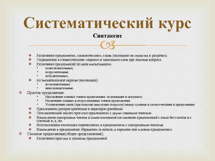 Систематический курс Синтаксис v v v Простое предложение. v v Различение предложения, словосочетания, слова