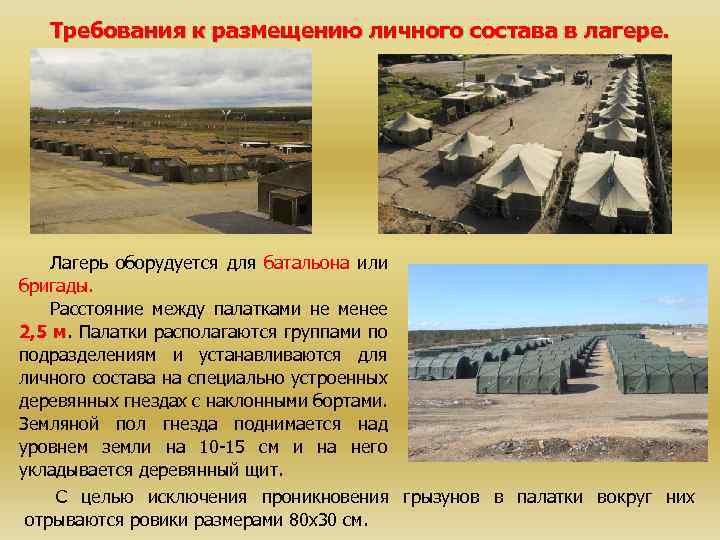Требования к размещению личного состава в лагере. Лагерь оборудуется для батальона или бригады. Расстояние