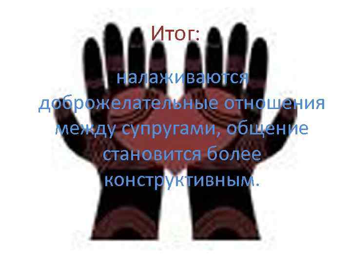 Итог: налаживаются доброжелательные отношения между супругами, общение становится более конструктивным. 