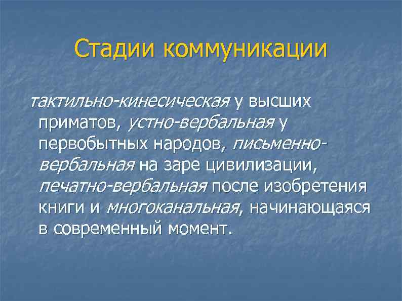 Стадии коммуникации тактильно-кинесическая у высших приматов, устно-вербальная у первобытных народов, письменновербальная на заре цивилизации,