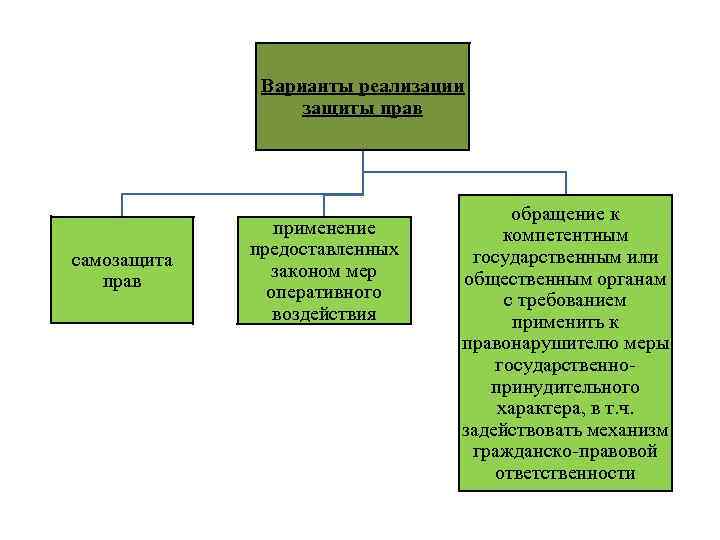 Варианты реализации защиты прав самозащита прав применение предоставленных законом мер оперативного воздействия обращение к