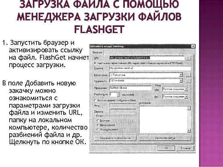 ЗАГРУЗКА ФАЙЛА С ПОМОЩЬЮ МЕНЕДЖЕРА ЗАГРУЗКИ ФАЙЛОВ FLASHGET 1. Запустить браузер и активизировать ссылку