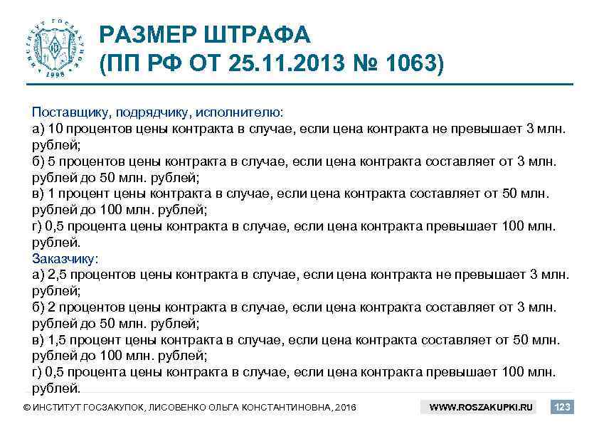РАЗМЕР ШТРАФА (ПП РФ ОТ 25. 11. 2013 № 1063) Поставщику, подрядчику, исполнителю: а)