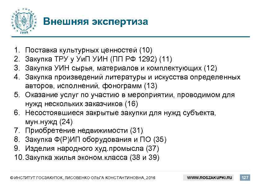 Внешняя экспертиза 1. 2. 3. 4. Поставка культурных ценностей (10) Закупка ТРУ у Уи.