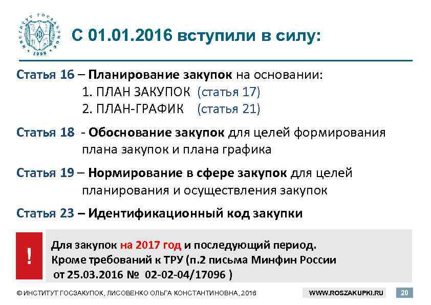 С 01. 2016 вступили в силу: Статья 16 – Планирование закупок на основании: 1.