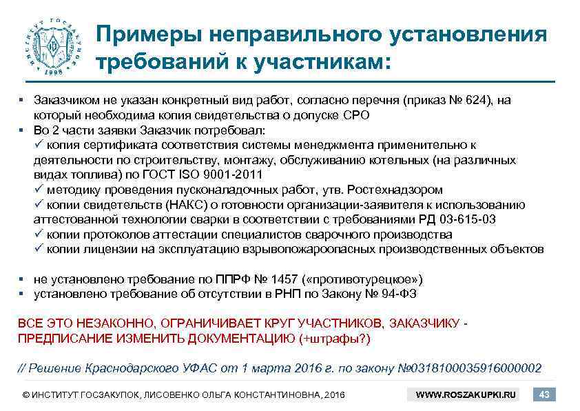 Примеры неправильного установления требований к участникам: § Заказчиком не указан конкретный вид работ, согласно