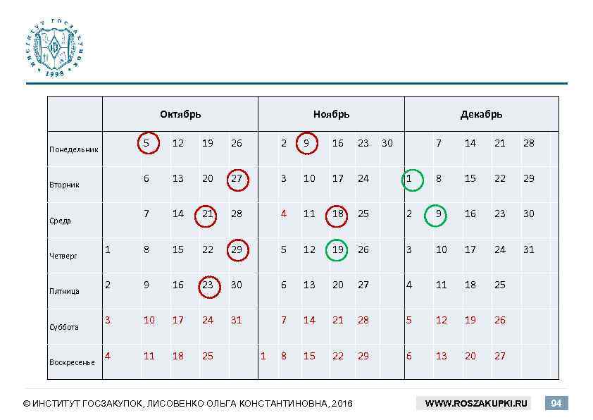Октябрь Понедельник Вторник Среда Четверг Пятница Суббота Воскресенье Ноябрь Декабрь 5 12 19 26