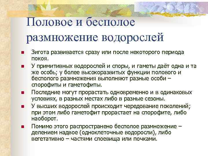 Половое и бесполое размножение водорослей n n n Зигота развивается сразу или после некоторого