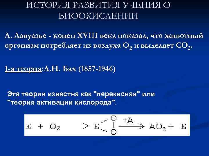 ИСТОРИЯ РАЗВИТИЯ УЧЕНИЯ О БИООКИСЛЕНИИ А. Лавуазье - конец XVIII века показал, что животный