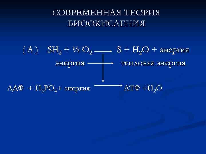 СОВРЕМЕННАЯ ТЕОРИЯ БИООКИСЛЕНИЯ ( А ) SH 2 + ½ O 2 энергия АДФ