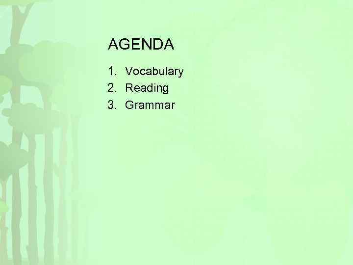 AGENDA 1. Vocabulary 2. Reading 3. Grammar 