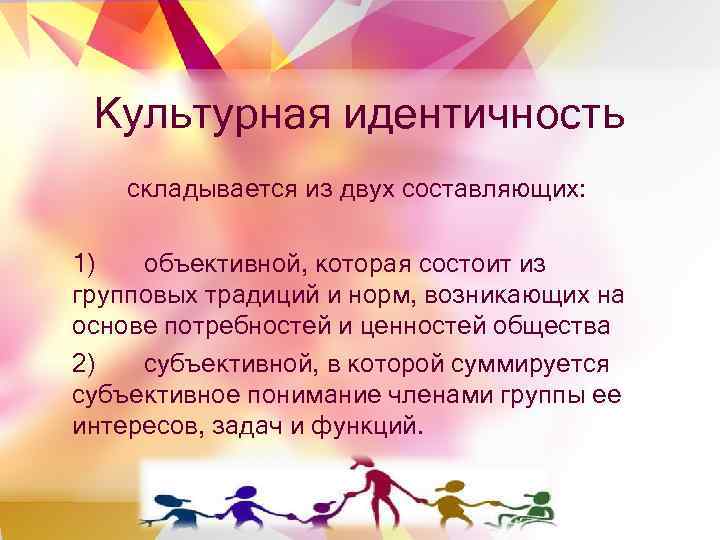 Культурная идентичность складывается из двух составляющих: 1) объективной, которая состоит из групповых традиций и