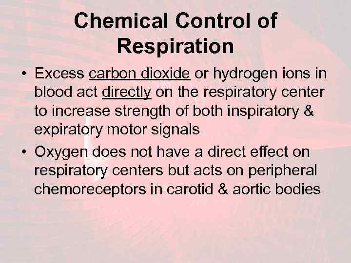 Chemical Control of Respiration • Excess carbon dioxide or hydrogen ions in blood act