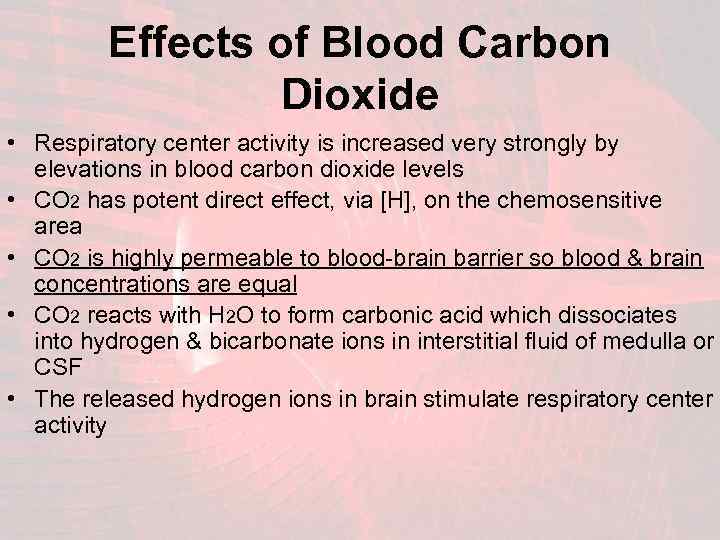 Effects of Blood Carbon Dioxide • Respiratory center activity is increased very strongly by