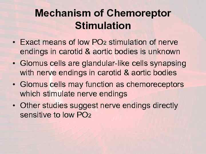 Mechanism of Chemoreptor Stimulation • Exact means of low PO 2 stimulation of nerve