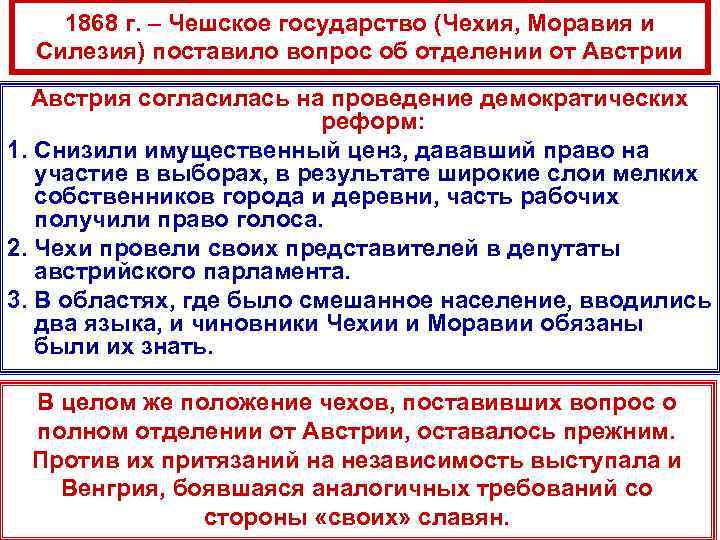 1868 г. – Чешское государство (Чехия, Моравия и Силезия) поставило вопрос об отделении от