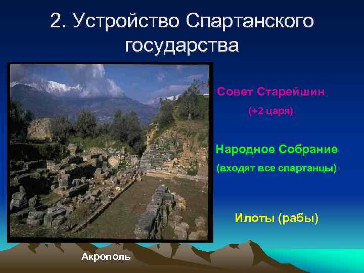 2. Устройство Спартанского государства Совет Старейшин (+2 царя) Народное Собрание (входят все спартанцы) Илоты