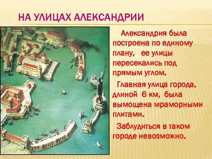 НА УЛИЦАХ АЛЕКСАНДРИИ Александрия была построена по единому плану, ее улицы пересекались под прямым