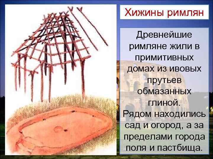 Хижины римлян Древнейшие римляне жили в примитивных домах из ивовых прутьев обмазанных глиной. Рядом