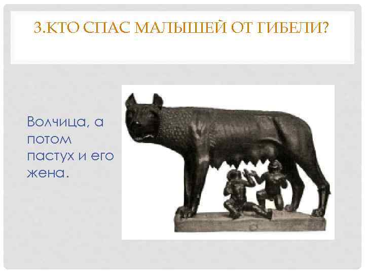 3. КТО СПАС МАЛЫШЕЙ ОТ ГИБЕЛИ? Волчица, а потом пастух и его жена. 