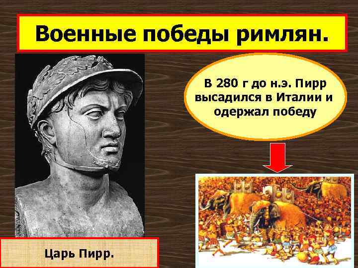 Военные победы римлян. В 280 г до н. э. Пирр высадился в Италии и