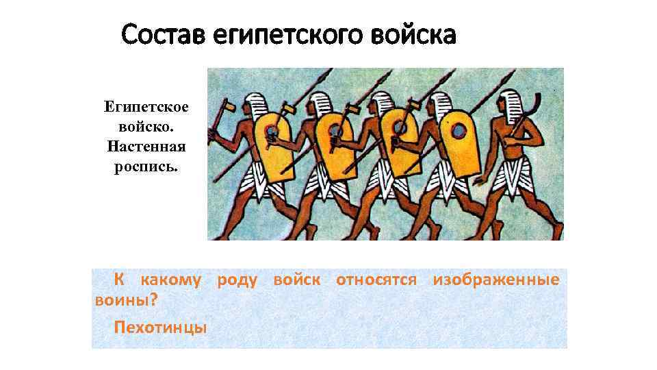 Состав египетского войска Египетское войско. Настенная роспись. К какому роду войск относятся изображенные воины?