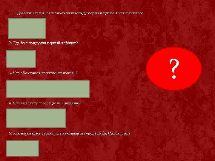 1. Древняя страна, расположенная между морем и цепью Ливанских гор: а ) Междуречье б)