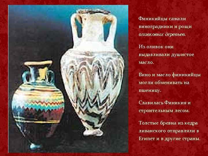 Финикийцы сажали виноградники и рощи оливковых деревьев. Из оливок они выдавливали душистое масло. Вино