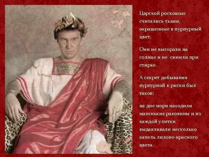 Царской роскошью считались ткани, окрашенные в пурпурный цвет. Они не выгорали на солнце и