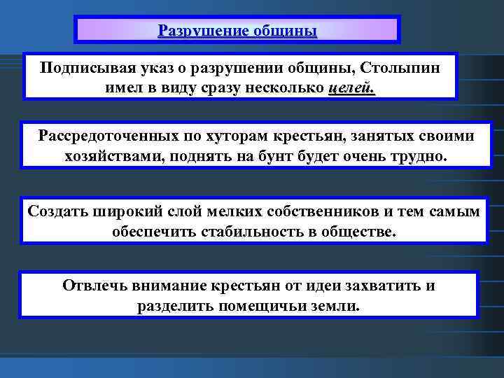 Разрушение общины Подписывая указ о разрушении общины, Столыпин имел в виду сразу несколько целей.