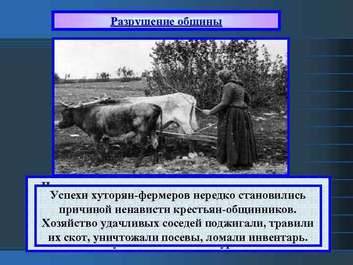 Разрушение общины Несмотря на все усилия правительства, лишь чуть Успехи хуторян-фермеров хозяйств можно было