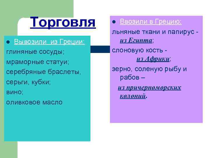 Торговля Вывозили из Греции: глиняные сосуды; мраморные статуи; серебряные браслеты, серьги, кубки; вино; оливковое